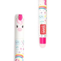 Legami EP0013 löschbarer Gelstift Unicorn, schräge Ansicht: bunter Stift mit Einhornmotiv auf hellem Untergrund.