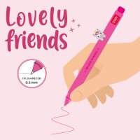 CPP0006 Legami Gelstift Lovely Friends Einhorn, schräge Aufsicht auf pastellfarbenen Stift mit Einhorn-Deko auf Kappe