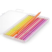 Legami Set mit 12 Buntstiften – Sunset Palette, flach von oben gezeigt, Stifte in Farbreihenfolge auf bunter Verpackung.