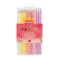 Legami Set mit 12 Buntstiften – Sunset Palette, von schräg oben fotografiert, Stifte in Regenbogenfarben fächerförmig angeordnet.