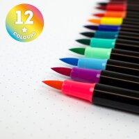 Legami Set mit 12 Brush Markern BUMA0001 in Nahaufnahme, Marker schräg von oben angeordnet, leuchtende Spitzen sichtbar