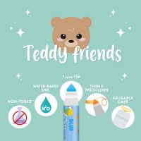Legami Filzstifte TDM0001 im 12er-Set in bunt, aufgefächert von schräg oben mit Verpackung im Teddy Friends Design sichtbar