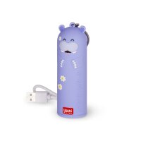 Legami Power Bank My Super Power 4800 mAh Hippo von schräg oben, zeigt flaches, türkisfarbenes Hippo-Design mit Kabelanschluss.