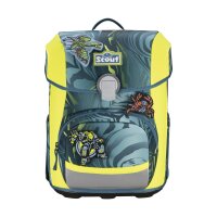 Scout Neo Set Action: Dreiteiliges Schulranzen-Set frontal fotografiert, mit witzigen Funny Snaps und sportlichem Design.