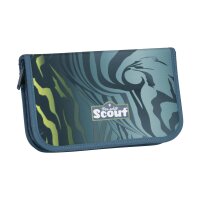 Scout Neo Set Action Federmappe, frontal fotografiert, zeigt geöffnete Mappe mit Stiften und Schulutensilien.