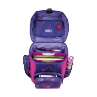 Scout Neo Set Summer von vorne leicht schräg gezeigt mit Schulranzen, Sporttasche, Federmäppchen, Sommerdesign mit Schmetterlingen.