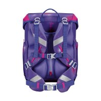Scout Neo Set Summer: Schulranzen von schräg vorne, zeigt bunten Pferde-Print, reflektierende Flächen und ergonomisches Design.
