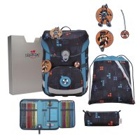 DerDieDas ErgoFlex Easy Set Ninja Fighter – Schulranzen seitlich frontal, zeigt Ninja-Motiv, ergonomisch, mit Zubehör.