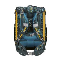 DerDieDas ErgoFlex Easy Set Dino Time: Schulranzen frontal mit Dino-Motiv, Zubehör seitlich arrangiert, leuchtende Farben