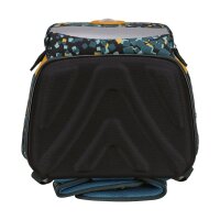 DerDieDas ErgoFlex Easy Set Dino Time zeigt Schulranzen frontal mit Dino-Motiv, Farbverlauf und reflektierenden Elementen.
