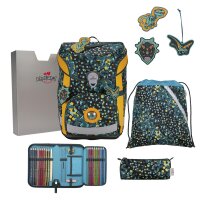 DerDieDas ErgoFlex Easy Set Dino Time zeigt Schulranzen mit Dino-Motiv schräg von vorn, Details und Zubehör gut sichtbar.