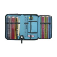 Schüleretui des DerDieDas ErgoFlex Easy Set Dino Time, frontal von oben mit Dino-Motiv und farbigen Fächern sichtbar.