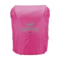 DerDieDas Regencape pink D8045411 von vorne fotografiert, Kind trägt Cape mit Kapuze, frontal, leicht gedreht, leuchtend pink.