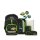 Ergobag pack CyBär Race: Schulrucksack-Set Frontalansicht, komplett mit Sportbeutel und Etui, modernes Design in Blau & Neon.