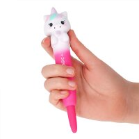 Legami Squeezy Gelstift - Unicorn SQP0001, Ansicht von schräg oben, zeigt bunten Einhorn-Gelstift mit weichem Silikongehäuse.