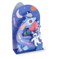Legami Pop-up-Karte BGPU0007 mit 3D-Weltraummotiv, geöffnet frontal fotografiert, zeigt Astronauten und Planeten im All.