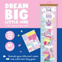 Legami Messlatte Dream Big, Little One – Einhorn bunt illustriert, seitlich fotografiert mit sichtbarer Größenmarkierung