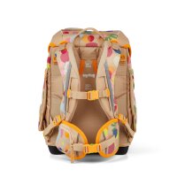 Ergobag Cubo Flower PowBär Schulranzen, Seitenansicht mit sichtbar geöffnetem Hauptfach und buntem Blumenmuster.