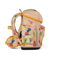Ergobag Cubo Flower PowBär Schultasche seitliche Ansicht, zeigt Muster mit Blumen & Bärenmotiv, Fokus auf Seitenfach.