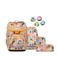 Ergobag Cubo Flower PowBär Schulrucksack, Frontansicht, bunte Blumenmuster auf pinkem Hintergrund, klar sichtbares Design.