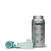 Ergobag Edelstahl Trinkflasche Blumen, Artikel 01071-20191-10, seitlich schräge Frontansicht mit buntem Blumenprint.