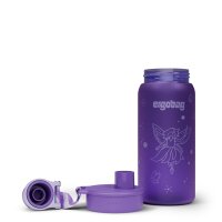 Ergobag Trinkflasche Fee 00828-40006-10 seitlich gezeigt, klarer Deckel, Feenmotiv vorne, pinkfarbener Flaschenkörper.
