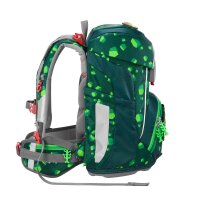 Step by Step FIT Schulranzen-Set Dino Targo 5-tlg., Frontansicht des Ranzens mit Dino-Motiv, Zubehör seitlich platziert