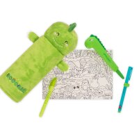 Plüsch-Federmäppchen Legami PPC0004 in Dinoform, grün, von schräg vorne aufgenommen, zeigt Reißverschluss und Details.