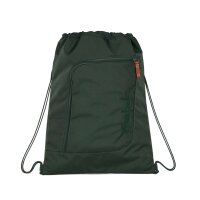 Satch Sportbeutel Nordic Forest Green frontal, Kordelzug geöffnet, grün-schwarzes Waldmuster, Logo mittig sichtbar