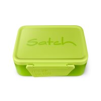 Satch Brotdose Lime Green aus Kunststoff in Nahaufnahme, seitliche Perspektive mit geschlossenem Deckel auf hellem Hintergrund.
