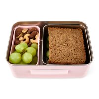 Satch Edelstahl Brotdose Rose in Seitenansicht – robuste, rosafarbene Lunchbox mit sicherem Verschluss auf heller Fläche.