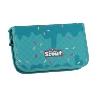 Scout Micro Set Happy Confetti Federmappe, frontal von schräg oben, zeigt buntes Konfetti-Design auf dunklem Hintergrund