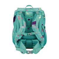 DerDieDas ErgoFlex Light Set Butterfly Garden: Schulranzen-Set frontal leicht schräg, mit Schmetterlingsmotiv, lila-pink Design.