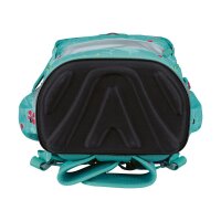 DerDieDas ErgoFlex Light Set Butterfly Garden Ranzen, frontal leicht schräg von vorne gezeigt mit Schmetterlingsmotiv auf lila Grund.