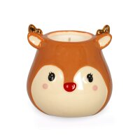 Legami Duftkerze „Reindeer“ CDL0010 seitlich von vorne, Glas mit Rentier-Design und goldenem Deckel auf weißem Hintergrund.