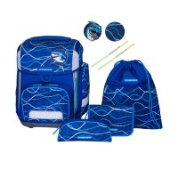 Schneiders Ergolite Set Blue Vibes, Frontansicht: Schulranzen stehend mit sichtbarem Muster, Federmäppchen davor platziert.