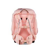 Ergobag pack VerfolgBärjagd Schulrucksack seitlich frontal mit geöffnetem Deckel, zeigt Innenaufteilung und Reflexdetails.